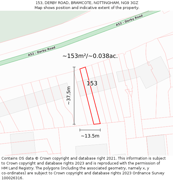 153, DERBY ROAD, BRAMCOTE, NOTTINGHAM, NG9 3GZ: Plot and title map