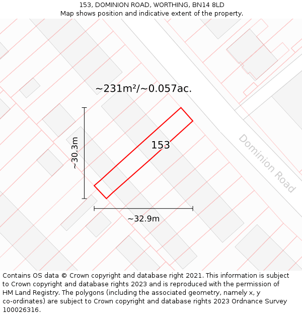 153, DOMINION ROAD, WORTHING, BN14 8LD: Plot and title map