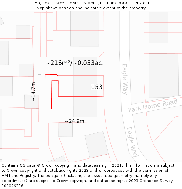 153, EAGLE WAY, HAMPTON VALE, PETERBOROUGH, PE7 8EL: Plot and title map