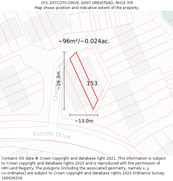 153, ESTCOTS DRIVE, EAST GRINSTEAD, RH19 3YP: Plot and title map