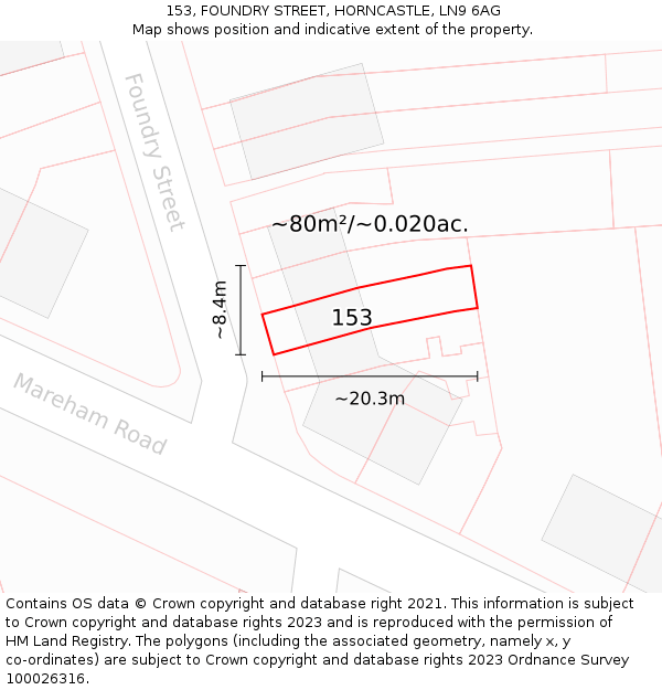 153, FOUNDRY STREET, HORNCASTLE, LN9 6AG: Plot and title map