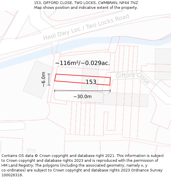 153, GIFFORD CLOSE, TWO LOCKS, CWMBRAN, NP44 7NZ: Plot and title map