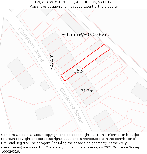 153, GLADSTONE STREET, ABERTILLERY, NP13 1NF: Plot and title map