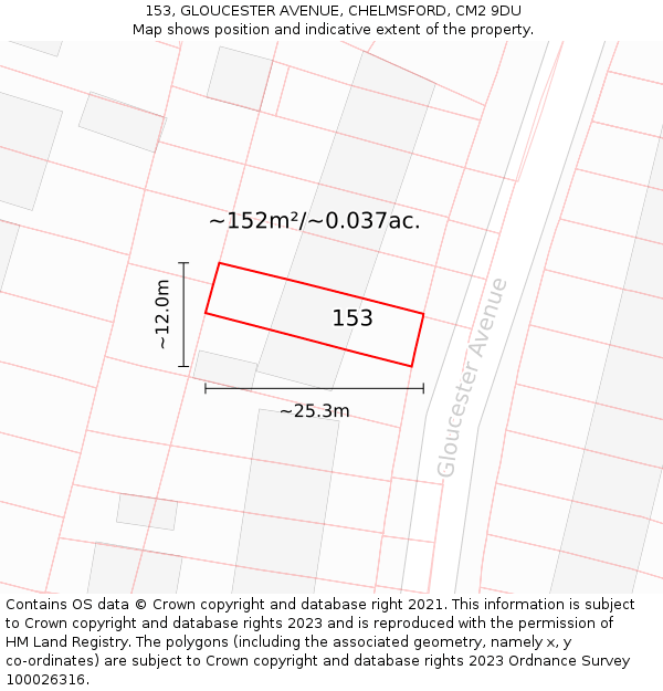 153, GLOUCESTER AVENUE, CHELMSFORD, CM2 9DU: Plot and title map