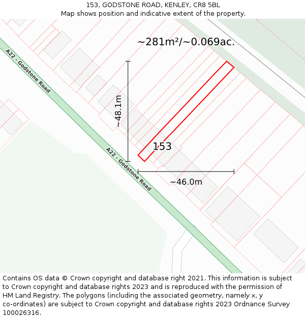 153, GODSTONE ROAD, KENLEY, CR8 5BL: Plot and title map