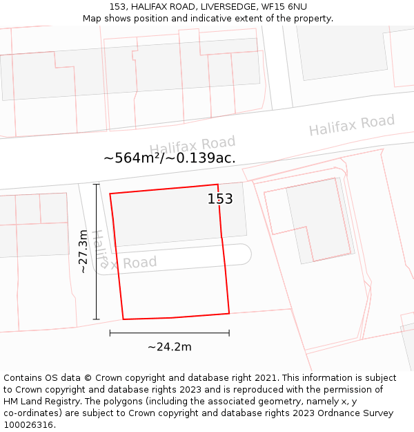 153, HALIFAX ROAD, LIVERSEDGE, WF15 6NU: Plot and title map