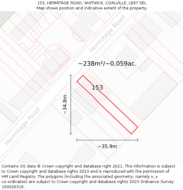 153, HERMITAGE ROAD, WHITWICK, COALVILLE, LE67 5EL: Plot and title map
