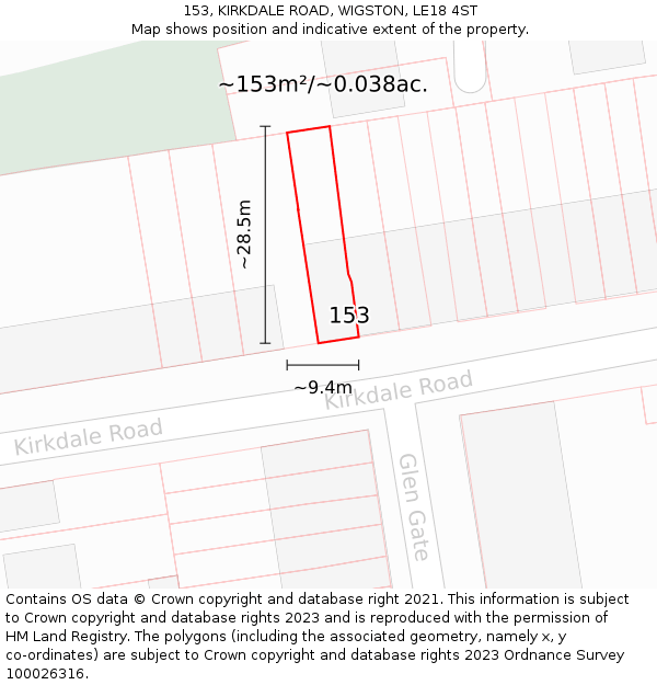 153, KIRKDALE ROAD, WIGSTON, LE18 4ST: Plot and title map
