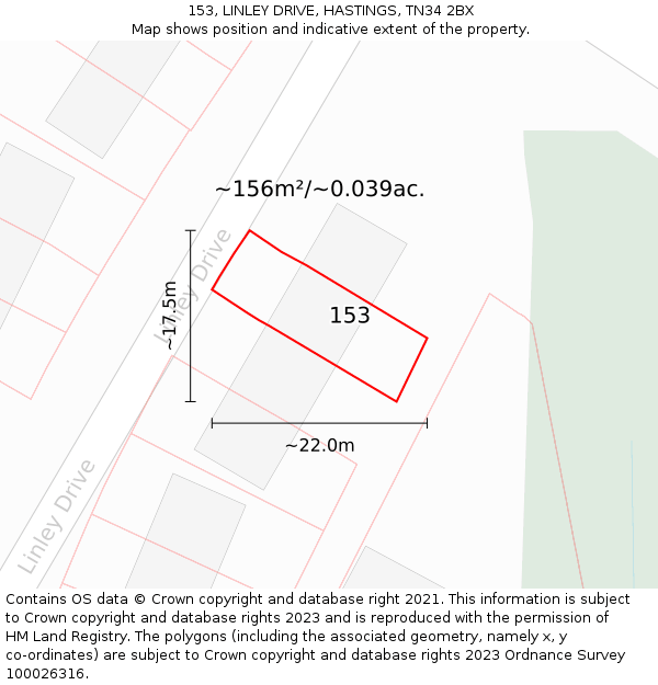 153, LINLEY DRIVE, HASTINGS, TN34 2BX: Plot and title map