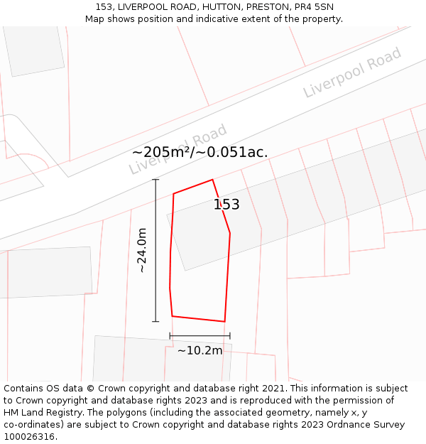 153, LIVERPOOL ROAD, HUTTON, PRESTON, PR4 5SN: Plot and title map