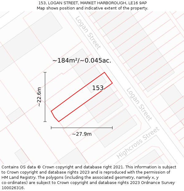 153, LOGAN STREET, MARKET HARBOROUGH, LE16 9AP: Plot and title map