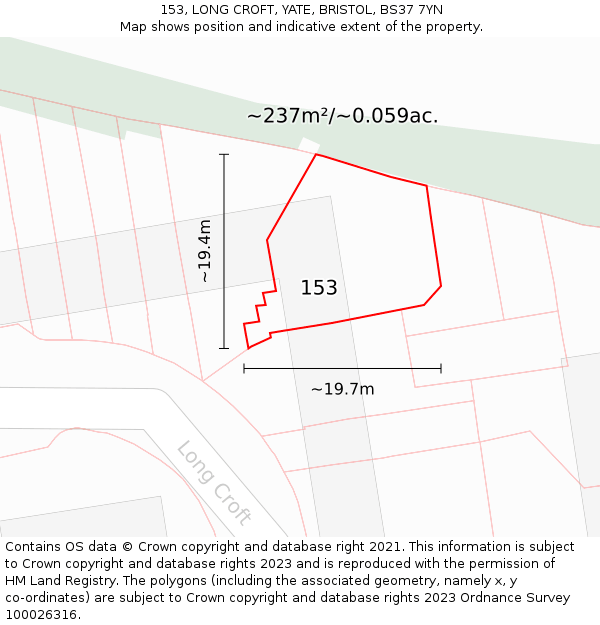 153, LONG CROFT, YATE, BRISTOL, BS37 7YN: Plot and title map