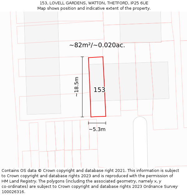 153, LOVELL GARDENS, WATTON, THETFORD, IP25 6UE: Plot and title map