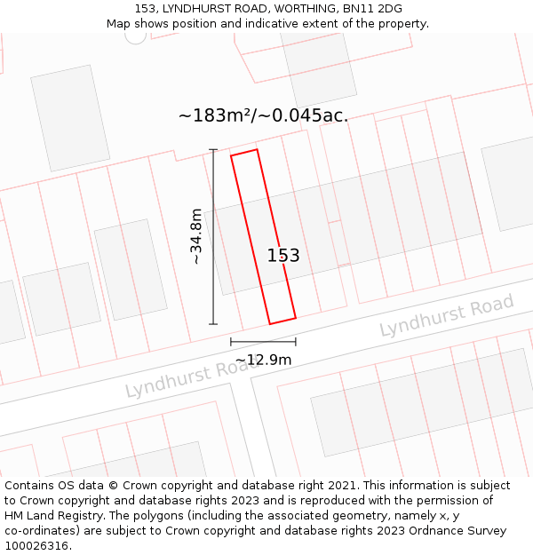 153, LYNDHURST ROAD, WORTHING, BN11 2DG: Plot and title map