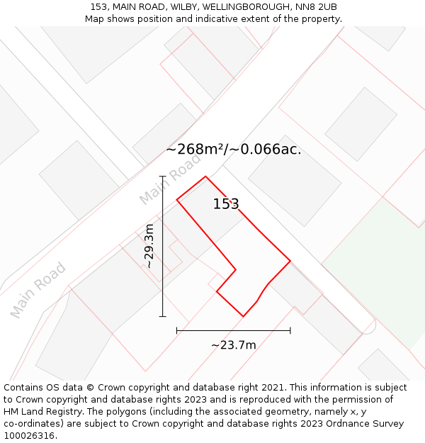 153, MAIN ROAD, WILBY, WELLINGBOROUGH, NN8 2UB: Plot and title map