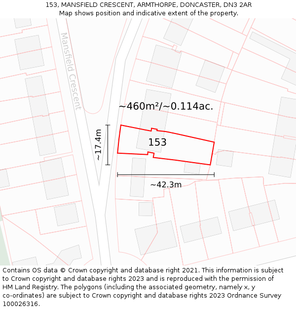 153, MANSFIELD CRESCENT, ARMTHORPE, DONCASTER, DN3 2AR: Plot and title map