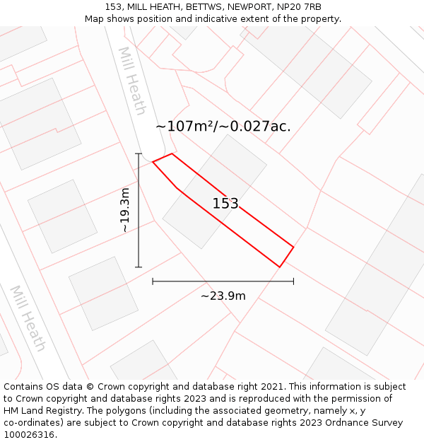153, MILL HEATH, BETTWS, NEWPORT, NP20 7RB: Plot and title map