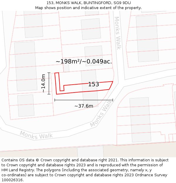 153, MONKS WALK, BUNTINGFORD, SG9 9DU: Plot and title map