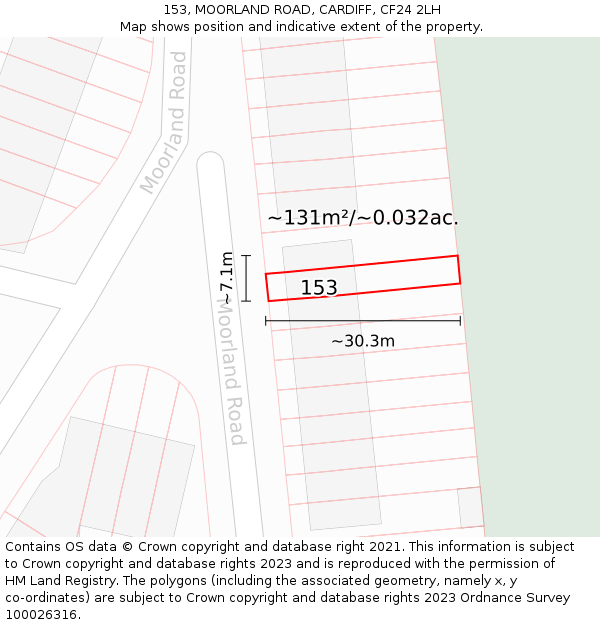 153, MOORLAND ROAD, CARDIFF, CF24 2LH: Plot and title map