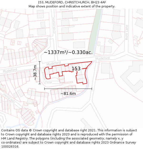 153, MUDEFORD, CHRISTCHURCH, BH23 4AF: Plot and title map