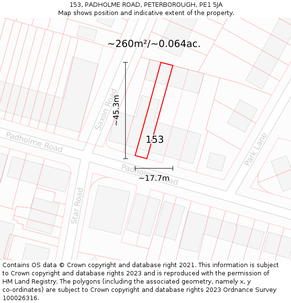153, PADHOLME ROAD, PETERBOROUGH, PE1 5JA: Plot and title map
