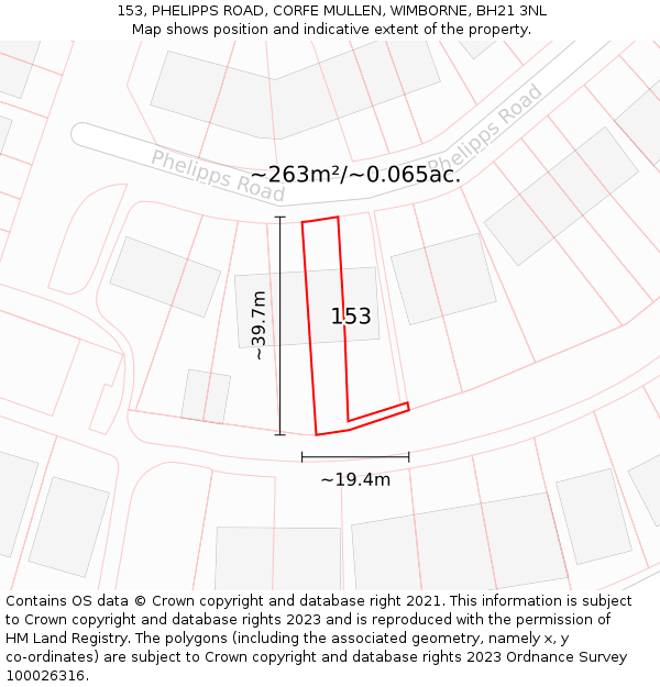 153, PHELIPPS ROAD, CORFE MULLEN, WIMBORNE, BH21 3NL: Plot and title map