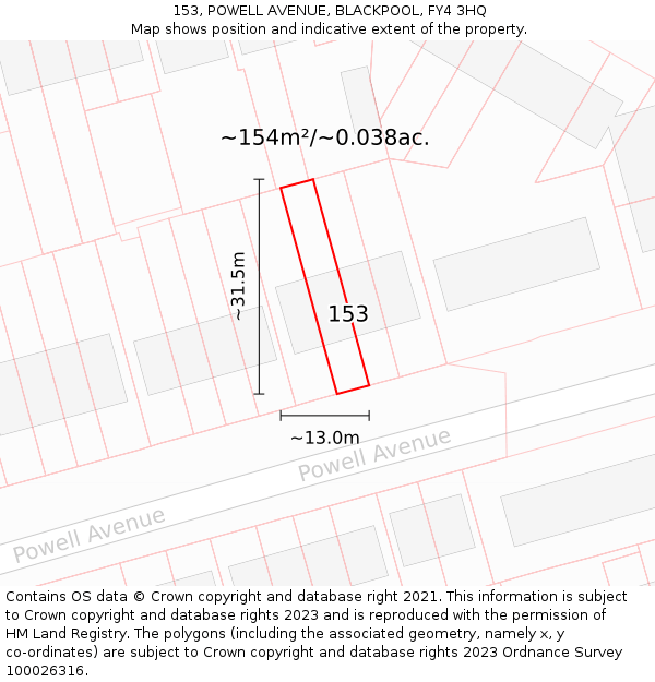 153, POWELL AVENUE, BLACKPOOL, FY4 3HQ: Plot and title map
