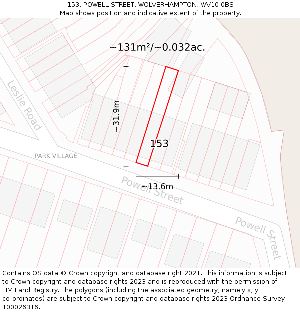 153, POWELL STREET, WOLVERHAMPTON, WV10 0BS: Plot and title map