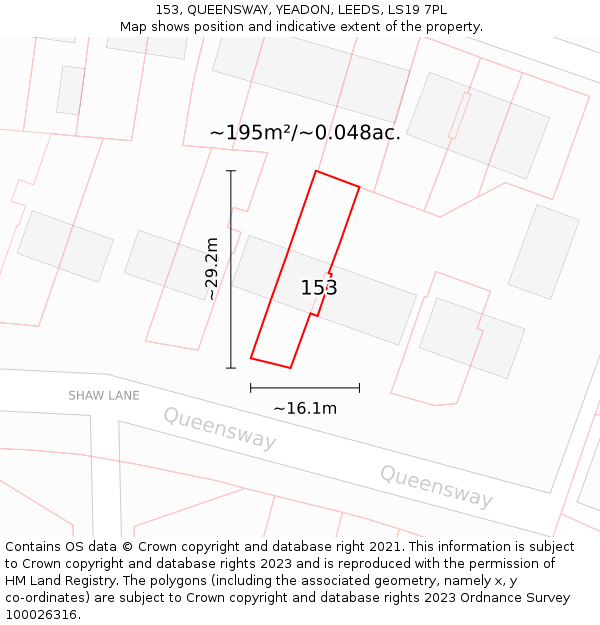153, QUEENSWAY, YEADON, LEEDS, LS19 7PL: Plot and title map