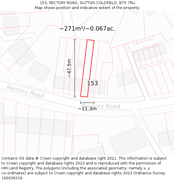 153, RECTORY ROAD, SUTTON COLDFIELD, B75 7RU: Plot and title map