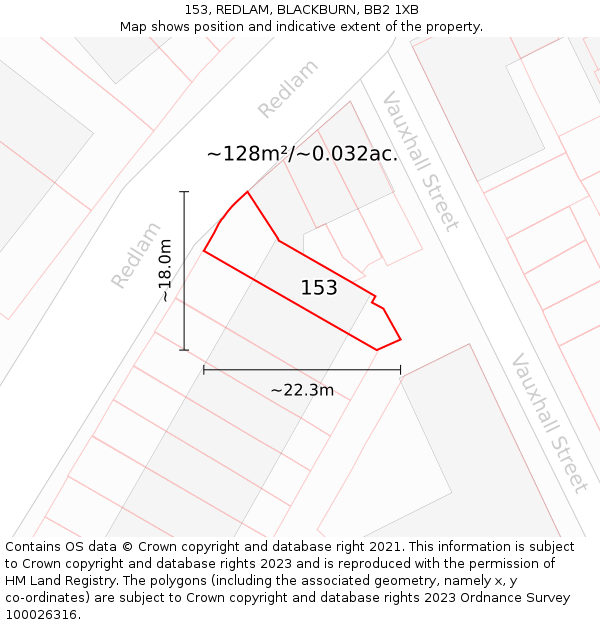 153, REDLAM, BLACKBURN, BB2 1XB: Plot and title map