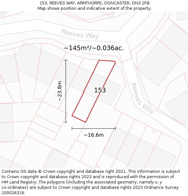 153, REEVES WAY, ARMTHORPE, DONCASTER, DN3 2FB: Plot and title map