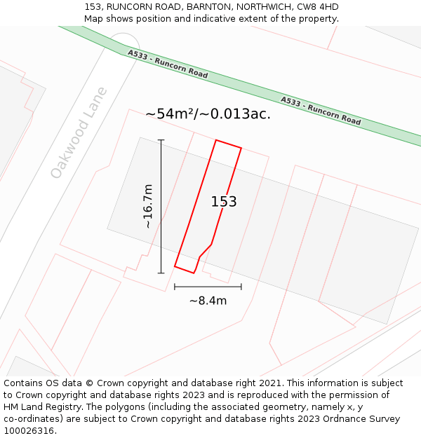 153, RUNCORN ROAD, BARNTON, NORTHWICH, CW8 4HD: Plot and title map