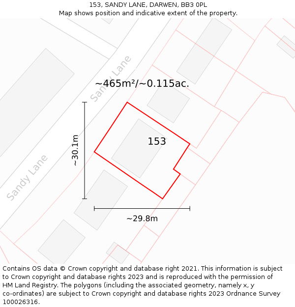 153, SANDY LANE, DARWEN, BB3 0PL: Plot and title map