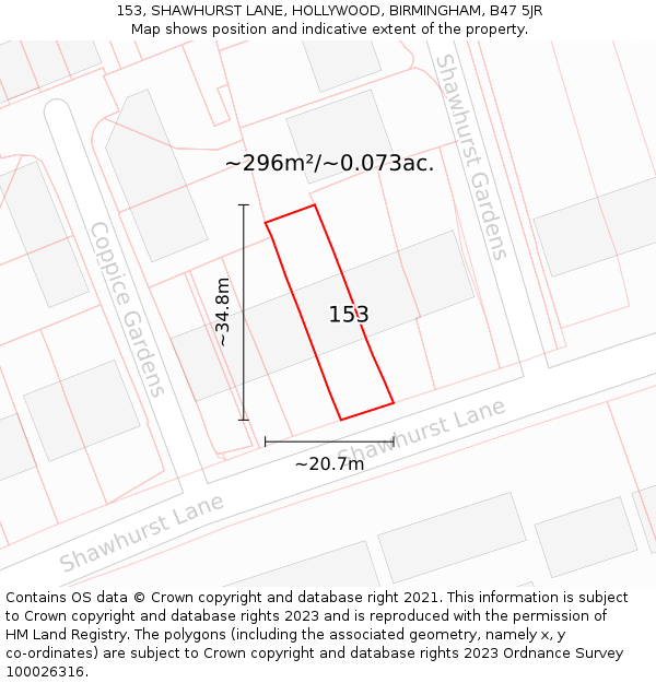 153, SHAWHURST LANE, HOLLYWOOD, BIRMINGHAM, B47 5JR: Plot and title map