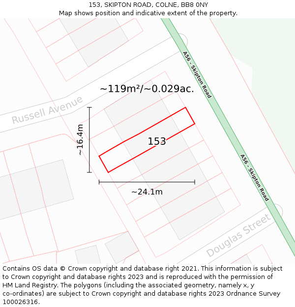 153, SKIPTON ROAD, COLNE, BB8 0NY: Plot and title map