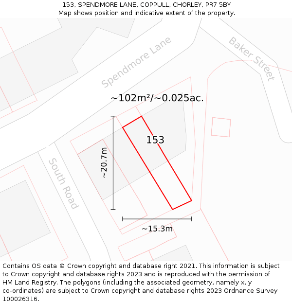 153, SPENDMORE LANE, COPPULL, CHORLEY, PR7 5BY: Plot and title map