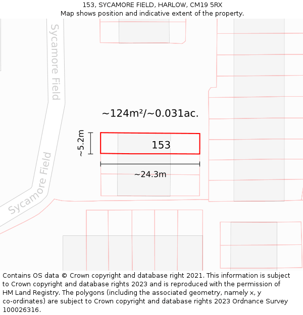 153, SYCAMORE FIELD, HARLOW, CM19 5RX: Plot and title map