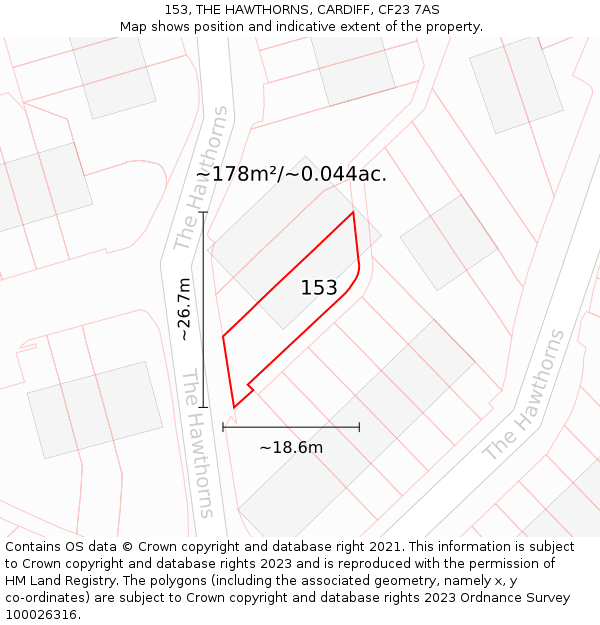 153, THE HAWTHORNS, CARDIFF, CF23 7AS: Plot and title map
