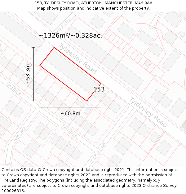 153, TYLDESLEY ROAD, ATHERTON, MANCHESTER, M46 9AA: Plot and title map