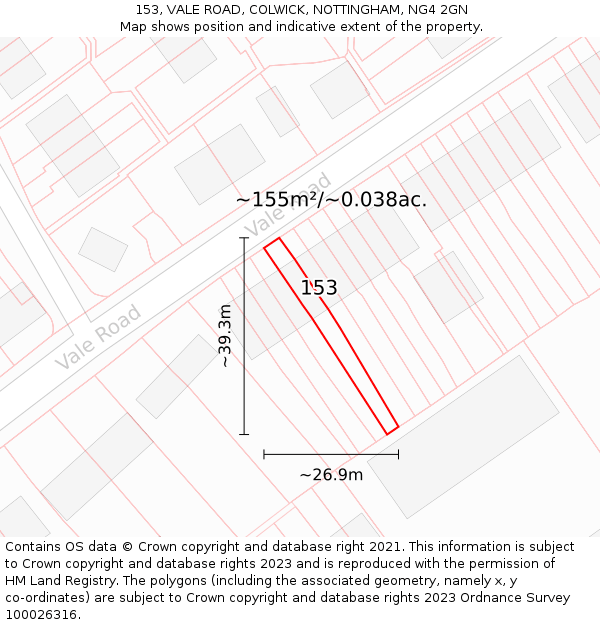 153, VALE ROAD, COLWICK, NOTTINGHAM, NG4 2GN: Plot and title map