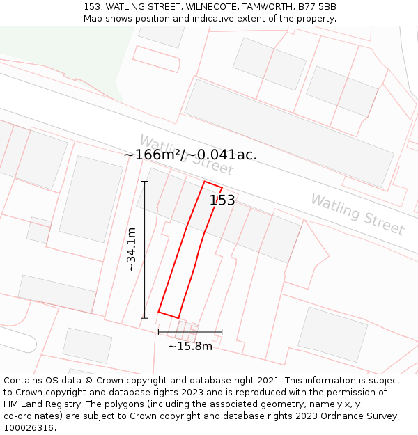 153, WATLING STREET, WILNECOTE, TAMWORTH, B77 5BB: Plot and title map