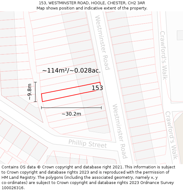 153, WESTMINSTER ROAD, HOOLE, CHESTER, CH2 3AR: Plot and title map