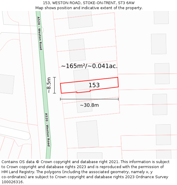 153, WESTON ROAD, STOKE-ON-TRENT, ST3 6AW: Plot and title map