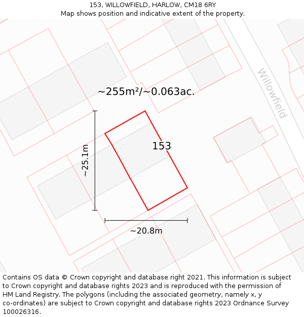 153, WILLOWFIELD, HARLOW, CM18 6RY: Plot and title map