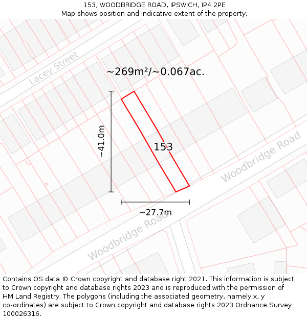 153, WOODBRIDGE ROAD, IPSWICH, IP4 2PE: Plot and title map