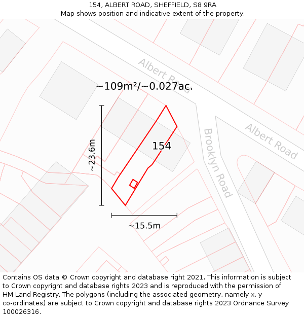 154, ALBERT ROAD, SHEFFIELD, S8 9RA: Plot and title map