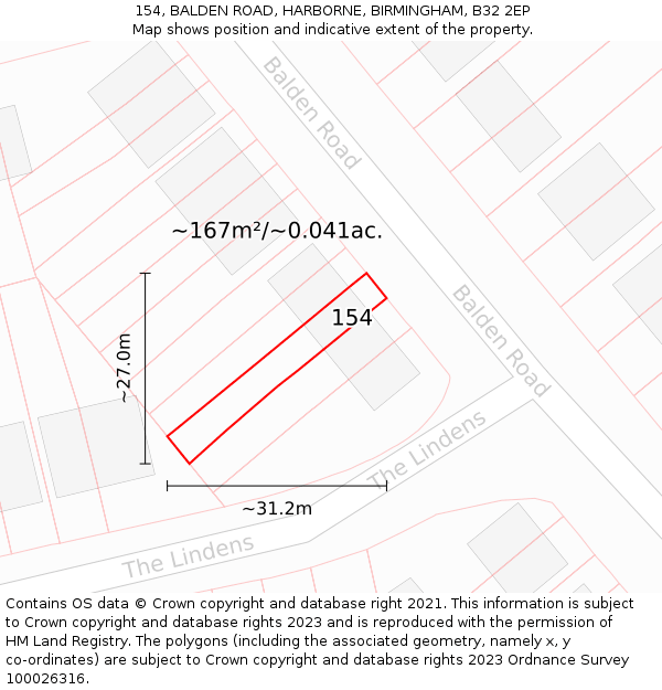 154, BALDEN ROAD, HARBORNE, BIRMINGHAM, B32 2EP: Plot and title map