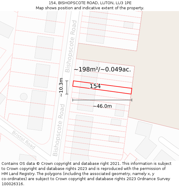 154, BISHOPSCOTE ROAD, LUTON, LU3 1PE: Plot and title map