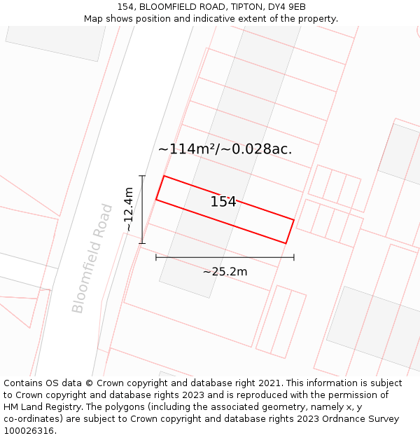 154, BLOOMFIELD ROAD, TIPTON, DY4 9EB: Plot and title map
